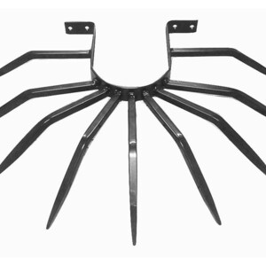 May include: Black metal garden tool with multiple tines, designed for aerating soil. The tool has a circular base and two upright supports.