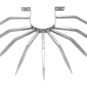 May include: A silver metal animal trap with multiple sharp points. The trap is designed to catch and hold animals.
