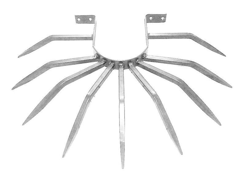 May include: A silver metal animal trap with multiple sharp points. The trap is designed to catch and hold animals.