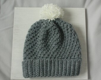 Gray Handmade Crocheted Pompom Beanie Hat