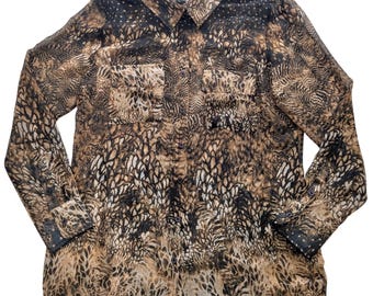 VTG Alberto Makali XL Semi-Sheer Animal/Feather Print Blouse Maximalist Top Y2K