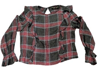 ZARA Red Grey Plaid Ruffle Blouse Smocked Cuff Long Sleeve Sz S Academia Career