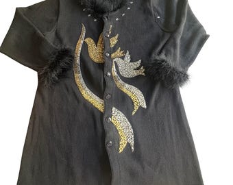 Vtg NWOT Storybook Knits Black Beaded Dove Faux Fur Cardigan Sweater Womens 1X