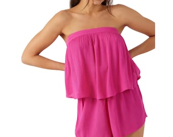 NWT O'Neill Leila Barbie Pink Crinkle Gauze Strapless Ruffle Romper Wmns S Beach