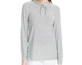 MAX STUDIO London SMALL Striped Linen Blend Tie Neck Long Sleeve Top Blk White