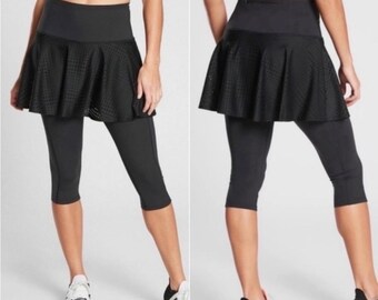 ATHLETA A-Game 2-in-1 Crop Black Leggings w/Mesh Skirt MEDIUM Pickleball Tennis