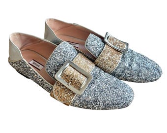 750 BALLY Janelle-T Glitter Loafers Silver Gold Buckle Mules Flats EU40; US 9.5
