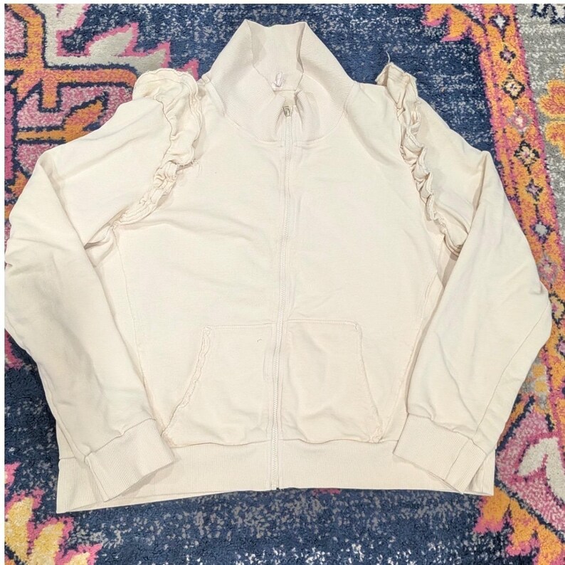 DAILY PRACTICE Anthropologie Cream Ruffle Shoulder Zip Up Sweatshirt XL Coquette image 2