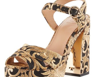 398 TORY BURCH Loretta Nayan Sandalias de plataforma con tacón de bloque de brocado Talla 7 M Oro Negro
