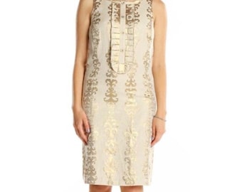 TORY BURCH Metallic Gold Brocade Linen Blend Sheath Dress SZ 4 Sleeveless Luxury