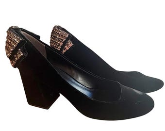 NIB TORY BURCH Josephine 75mm Pump Black Velvet Heels w/Rhinestone Bow Size 9.5