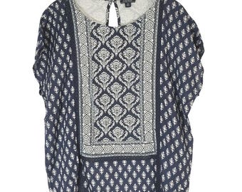 LUCKY Brand Linen Blend Navy Blue White Medallion Print Boho Boxy Top Sz MEDIUM