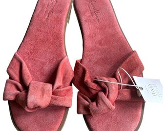 NWT Aurelli Italy Suede Bow Slide Sandals Women's Size 9 Coral Genuine Leather