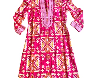 349 TORY BURCH 0/XS Vestido túnica de algodón rosa con estampado geométrico Ikat, manga larga, estilo resort