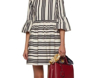 Alice + Olivia Augusta Cream & Black Striped Bell Sleeve Midi Dress Sz 0/XS