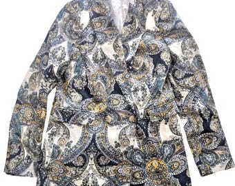MAGASCHONI Navy Blue Paisley 100% Linen Double Breasted Blazer Wmns Sz M Preppy