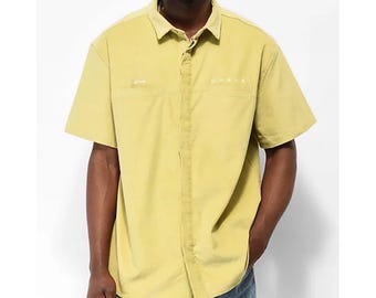 Camisa de pana de manga corta con botones WORBLE, color amarillo/verde, talla grande para hombre, estilo skate.