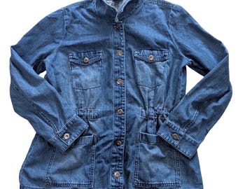 J.Jill Denim Field Jacket Blue Cotton Utility Elastic Waist Raw Hem Wmn M Petite