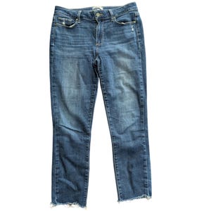 Anthropologie PAIGE Kylie Crop Jeans Sz 30 Medium Wash Blue Raw Hem Stretch image 1