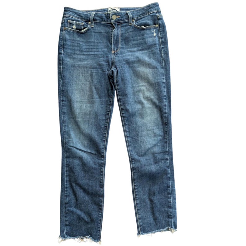 Anthropologie PAIGE Kylie Crop Jeans Sz 30 Medium Wash Blue Raw Hem Stretch image 1