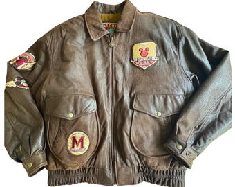 Vtg DISNEY Store Mickey 1928 World Explorer Brown Leather Bomber Jacket Mens XL