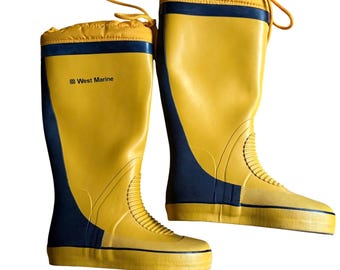 WEST MARINE Yellow Navy Tall Rubber Waterproof Rain Boots Size Mens 5 Womens 6.5