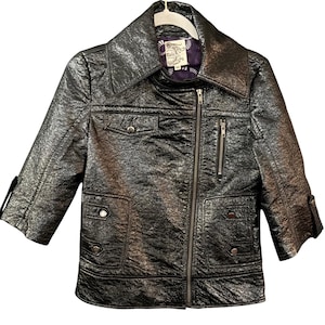 Anthropologie TULLE Metallic Shiny Black Faux Leather Moto Jacket Biker Edgy MED Bild 1