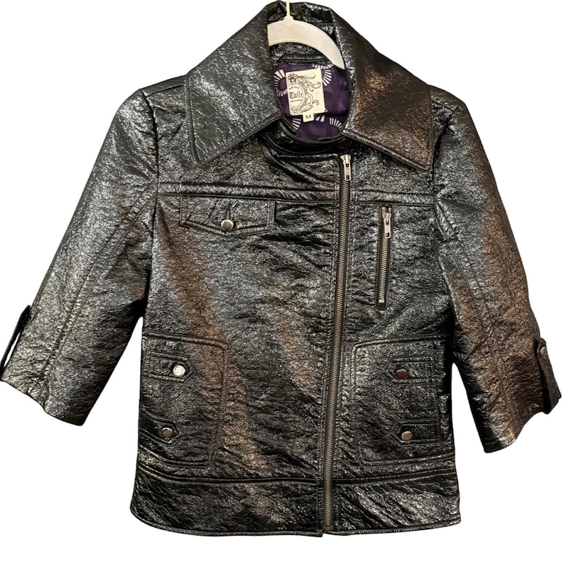 Anthropologie TULLE Metallic Shiny Black Faux Leather Moto Jacket Biker Edgy MED Bild 1