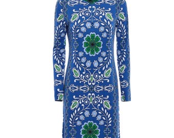 598 TORY BURCH Blue Floral Keyhole Long Sleeve Silk Blend Sheath Dress MED Chic