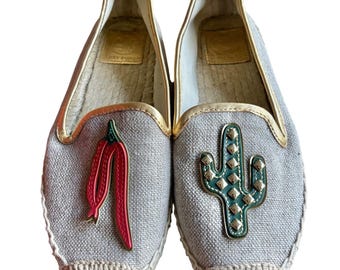 TORY BURCH Santa Fe Espadrille SZ 5 Linen Gold Leather Shoes Cactus Chili Pepper