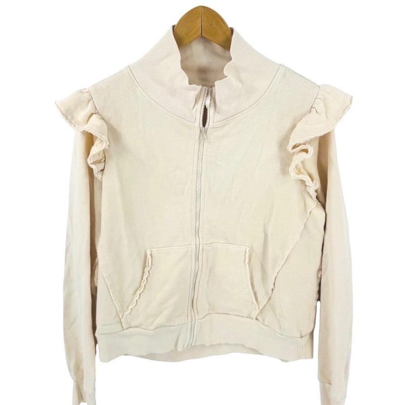 DAILY PRACTICE Anthropologie Cream Ruffle Shoulder Zip Up Sweatshirt XL Coquette image 1