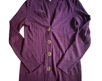 TORY BURCH Burgundy Merino Wool Gold Logo Buttons Cardigan Sweater Size SMALL