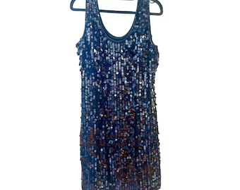 Pisarro Nights Purplish Blue Iridescent Paillette Sequin Shift Cocktail Dress 14