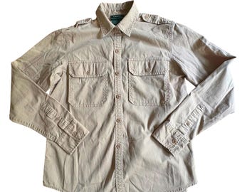 Camisa utilitaria tipo safari de algodón color caqui/beige de Lauren Ralph Lauren con charreteras, talla M para mujer.