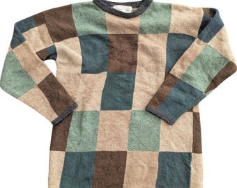 VTG S.Mon Lambswool Checkerboard Colorblock Patchwork Sweater Eclectic Grandpa M