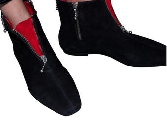 TORY BURCH Runway Fall '22 Zipper Bootie Black Suede Red Lining Wmns Sz 7