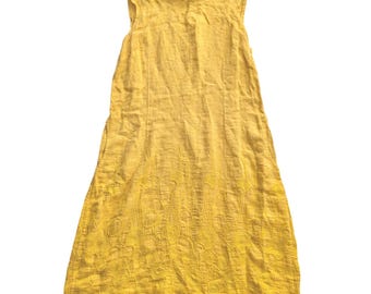 128 Lina Tomei Italy LARGE Yellow Pure Linen Embroidered Cowl Neck Shift Dress