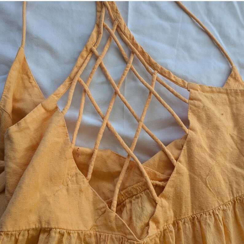 Urban Outfitters UO Yellow Fieldstone Tier Lattice Back Mini Dress M Cottagecore image 5