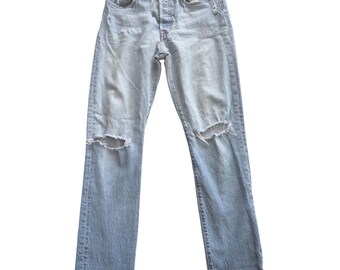 LEVIS 501 Original Fit Distressed Light Wash Straight Leg Jeans 26x30 Button Fly