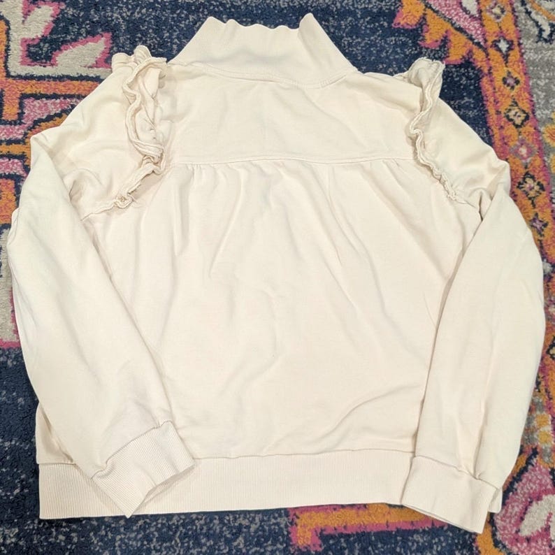 DAILY PRACTICE Anthropologie Cream Ruffle Shoulder Zip Up Sweatshirt XL Coquette image 3