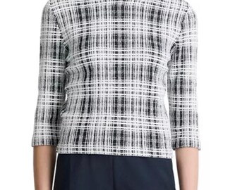 328 VINCE Black White Plaid Tweed Like Boucle Cotton Stretch 3/4 Sleeve Top XS