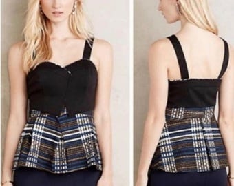 DELETTA Anthropologie Blk Metallic Plaid Peplum Top Jacquard Preppy Academia S