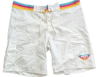 ROXY White Y2K Rainbow Striped Trim Board Shorts Juniors Sz 11/L Surf Swim Cargo