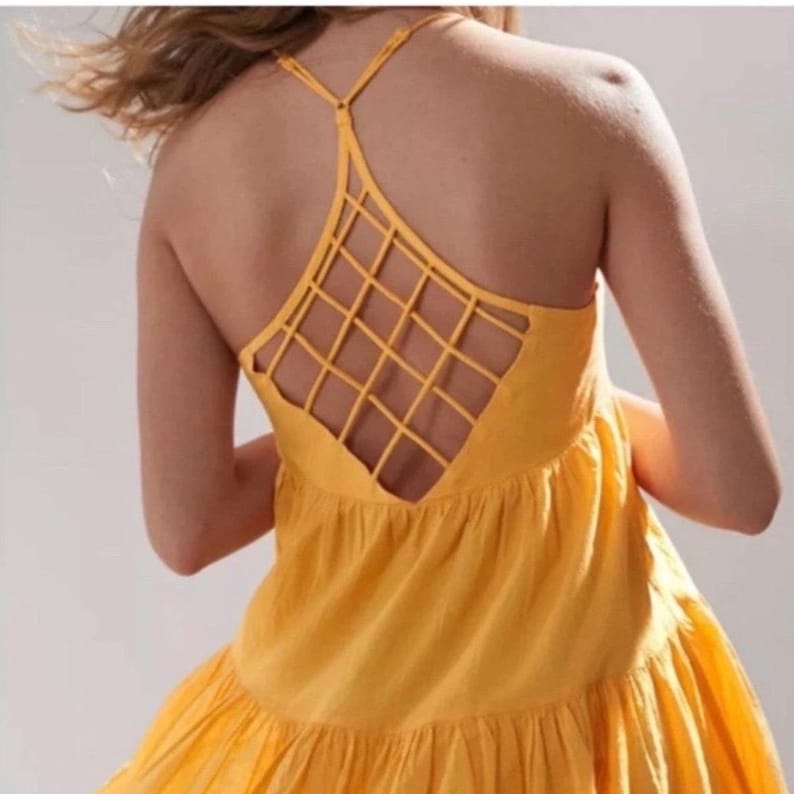 Urban Outfitters UO Yellow Fieldstone Tier Lattice Back Mini Dress M Cottagecore image 1