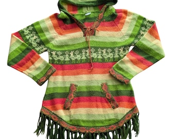 VTG Alpaca/Llama Wool Knit Fringe Hoodie Striped Sweater Rainbow Ethnic Peru XS