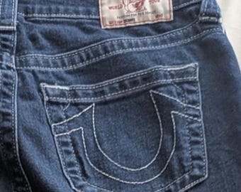 240 True Religion Stella Low Rise Skinny Jeans 31 Dark Wash Contrast Stitching