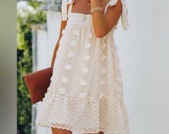 VICI Cream Lace Floral Tulle Mini Dress Babydoll Tie Straps Smocked Sz SMALL