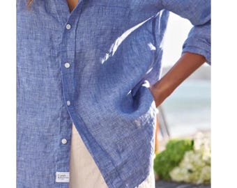 258 FRANK & EILEEN Barry Blue 100% Italian Linen Button Up Shirt XS Long Sleeve