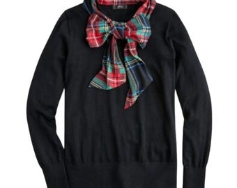 J.Crew Black Merino Wool Sweater w/Red Tartan Plaid Collar Scarf Bow Knit Top XL