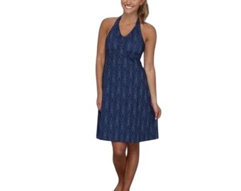 Vestido deportivo MERRELL con cuello halter y estampado geométrico azul marino para mujer, talla mediana